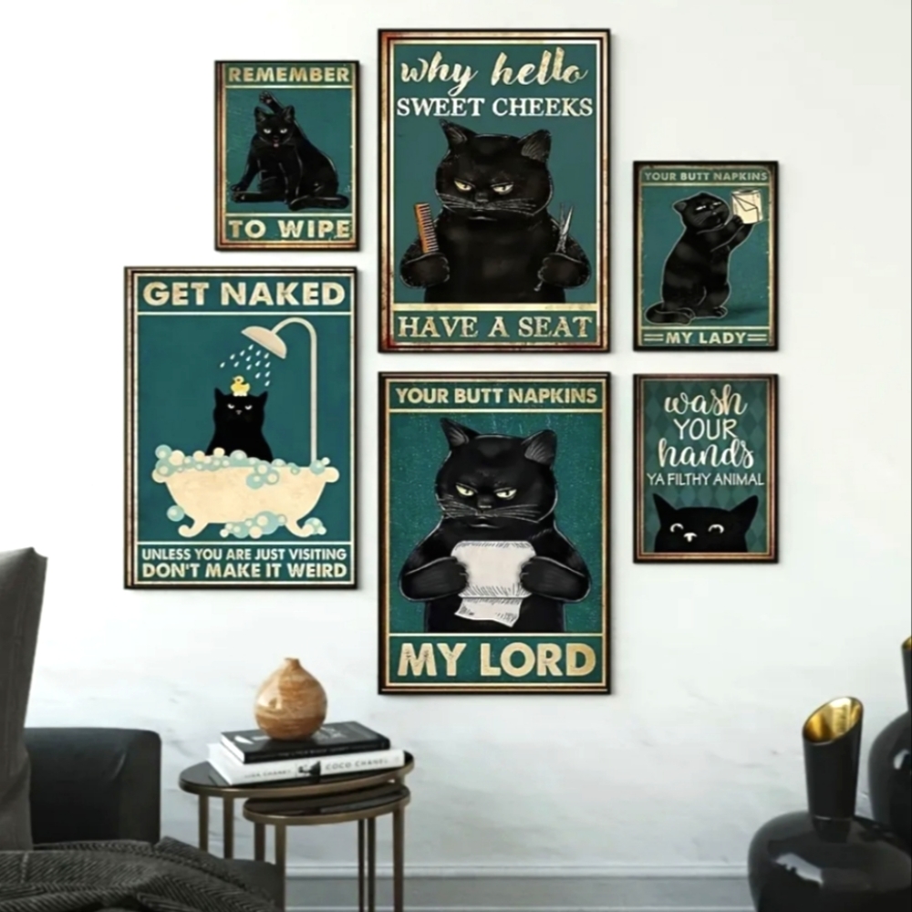 Black Cat Funny Vintage Style Bathroom Canvasish Prints. No Frame